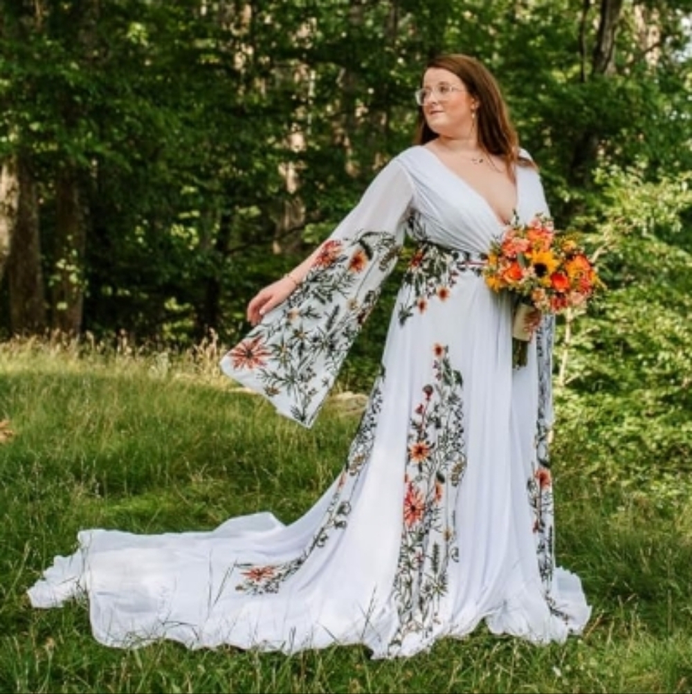 White Floral Boho Wedding Dress with Flowing Train